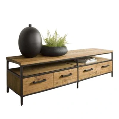 Rack para TV industrial em ferro e madeira com gavetas
