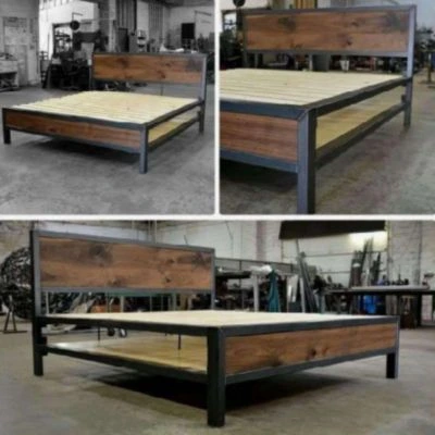 Cama casal industrial com estrutura de ferro e madeira
